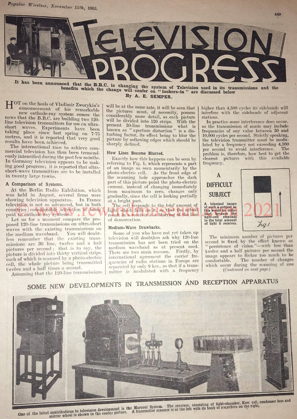 TELEVISION PROGRESS. Popular Wireless. Nov. 1933