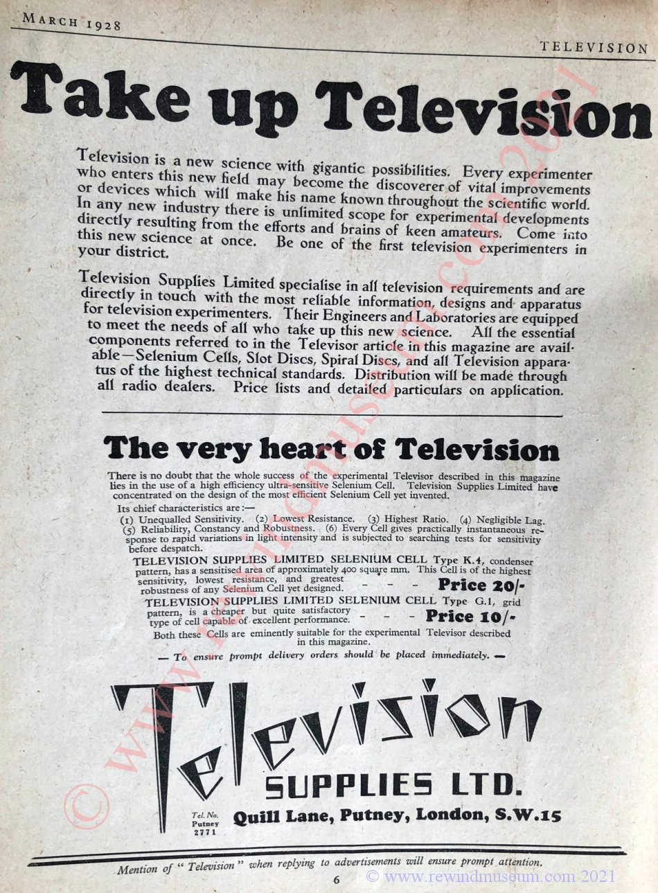 Television Magazine 1928, Vol. 1, No 1. Advert.