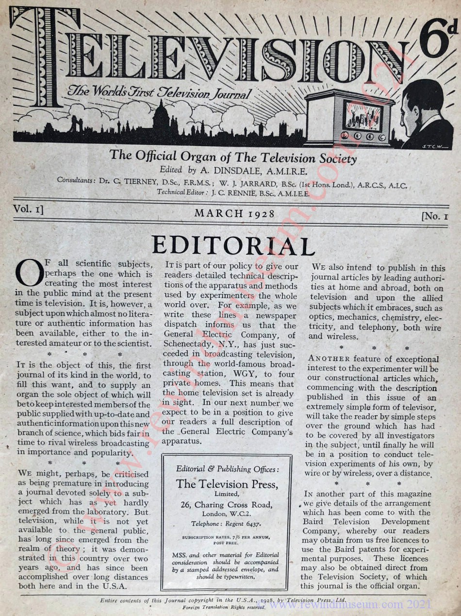 Television Magazine 1928, Vol. 1, No 1. Editorial.