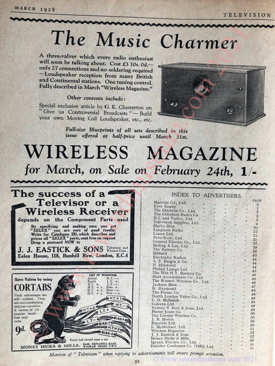 Television Magazine 1928, Vol. 1, No 1. Advertisers Index.