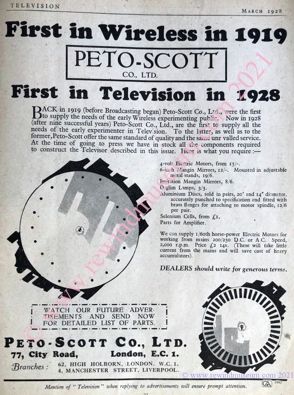 Television Magazine 1928, Vol. 1, No 1. Peto-Scott advert.